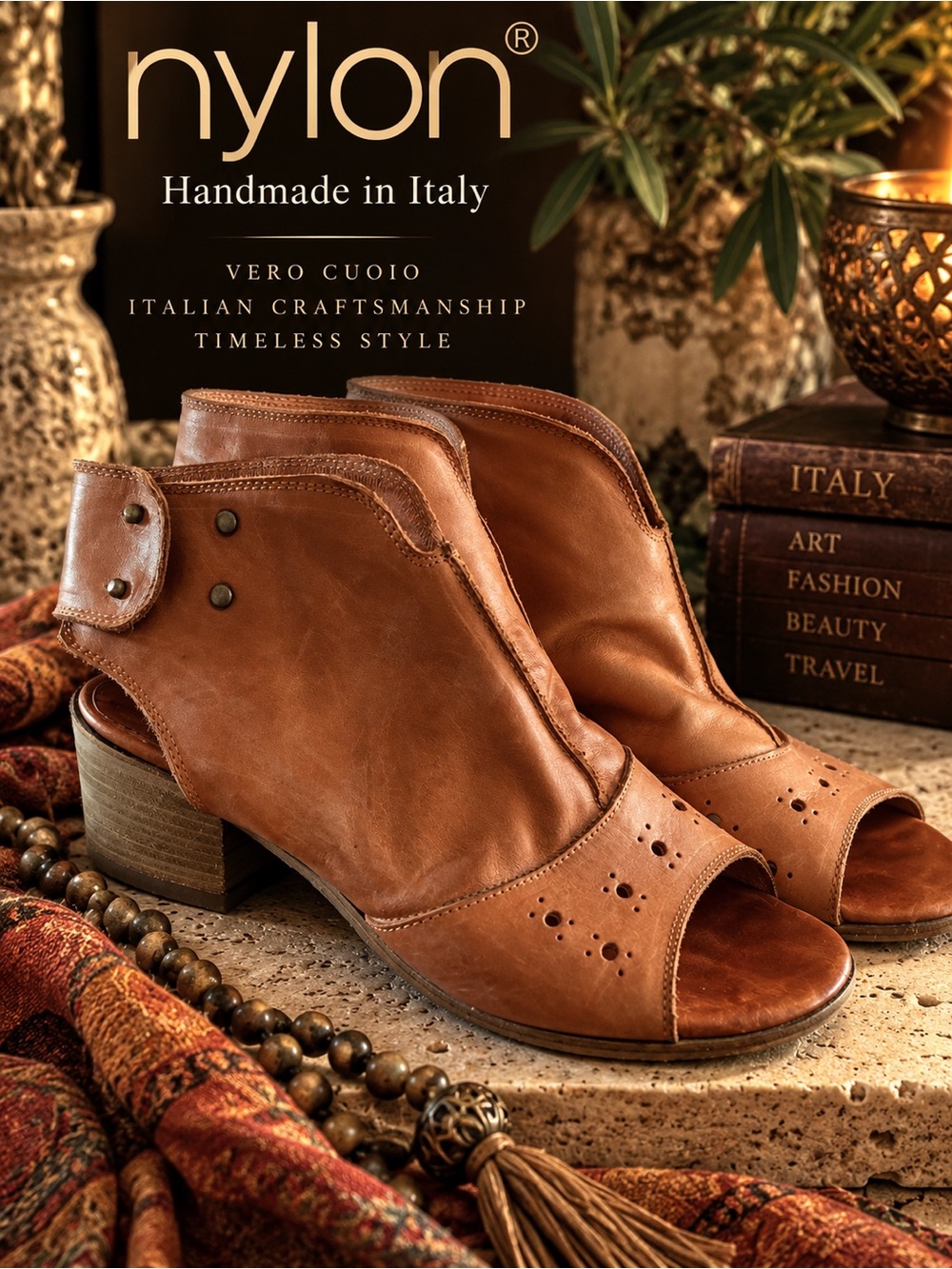 Nylon Handmade Italian Leather Open-Toe Mule in Brown